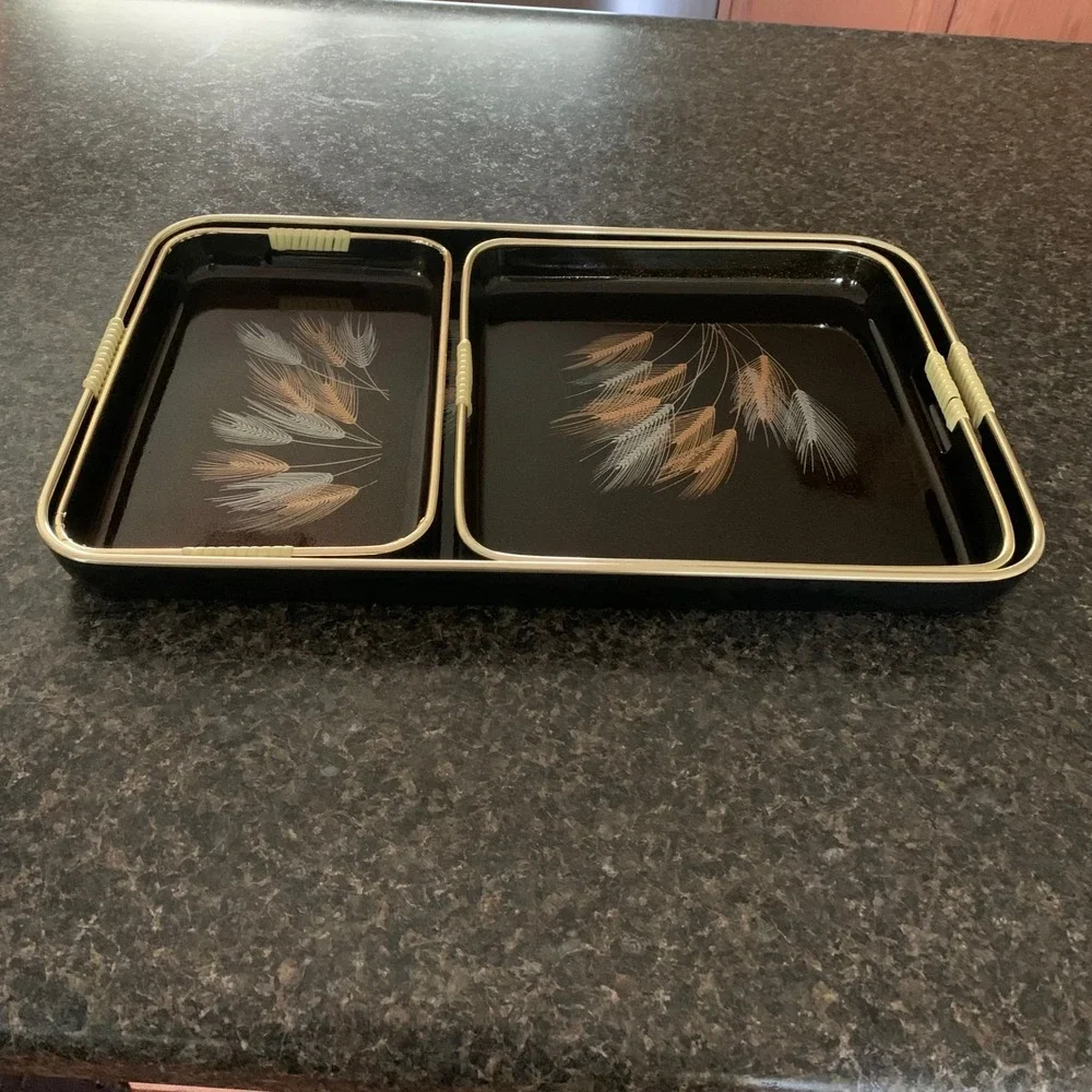 Vintage Japan Nesting Tray Set Wheat Design – 3 Serving Trays‎ w/ Handles Brown